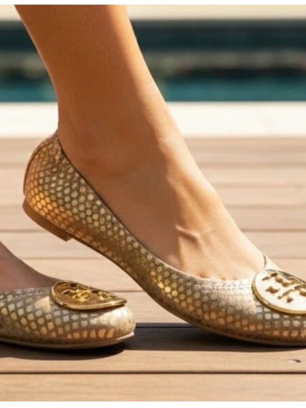 Tory Burch Reva gold metallic wovem raffia ballet flats